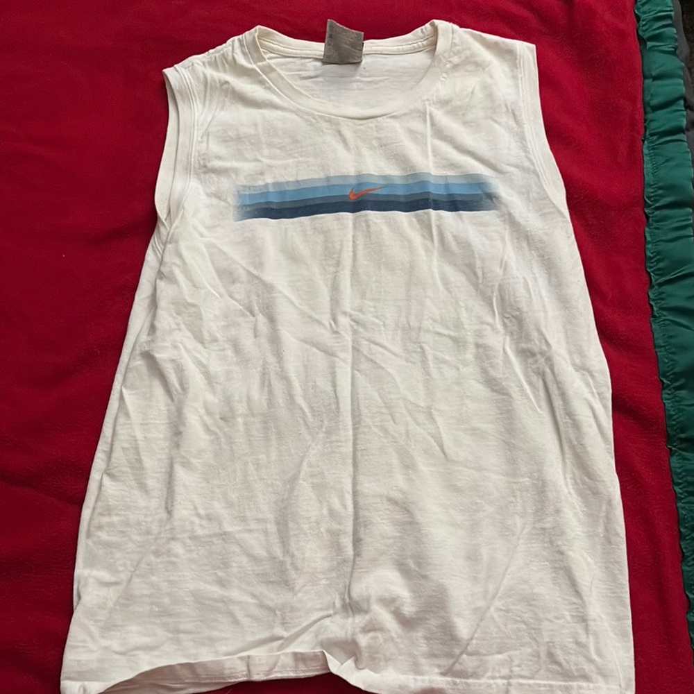 Nike White and Blue Tank Top with Stripe Detail